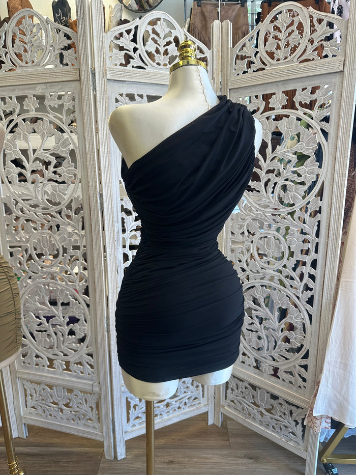 Black One Sleeve Ultra Mini  Dress- Stretchy, Estira
