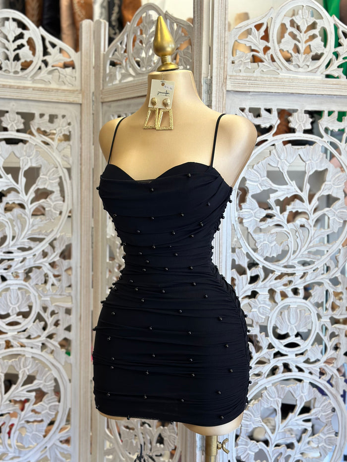 Black Pearl Detail Cowl Mini Dress
