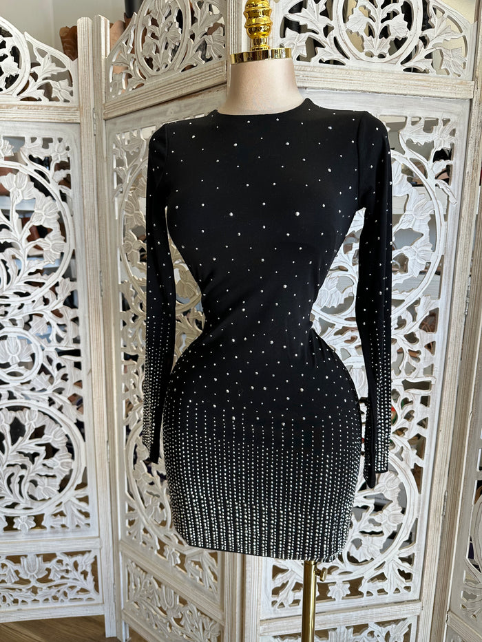 Black Rhinestone Gradient Mini Dress- Stretchy,Estira