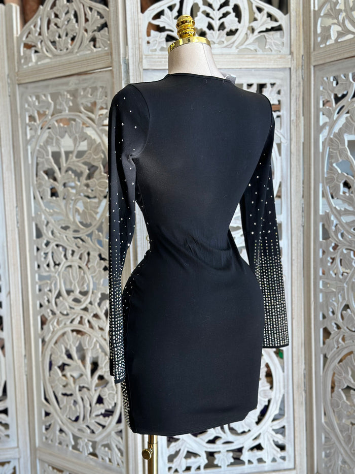 Black Rhinestone Gradient Mini Dress- Stretchy,Estira
