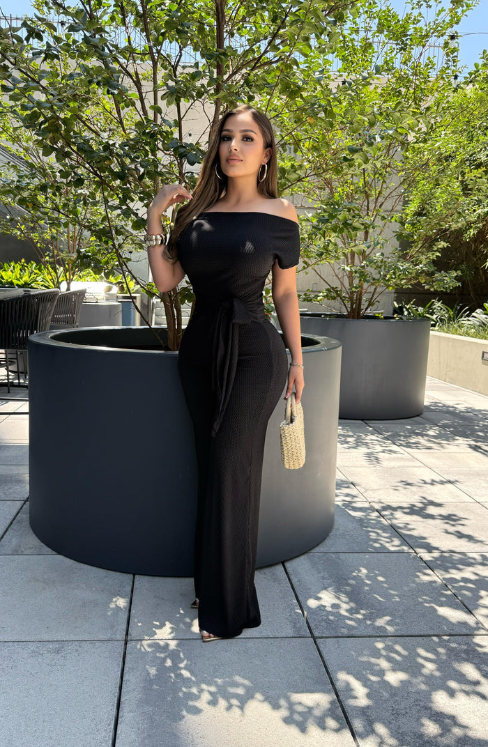 Black Ribbed Asymmetrical Jumpsuit - Stretchy,Estira