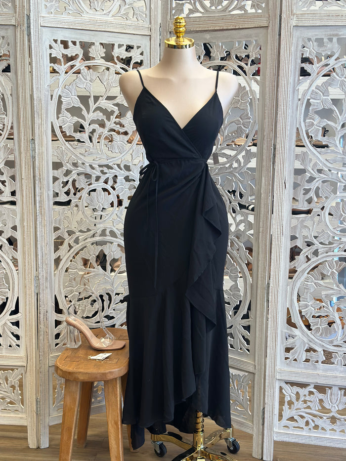 Black Ribbon Ruffled Midi Dress- Not Stretchy