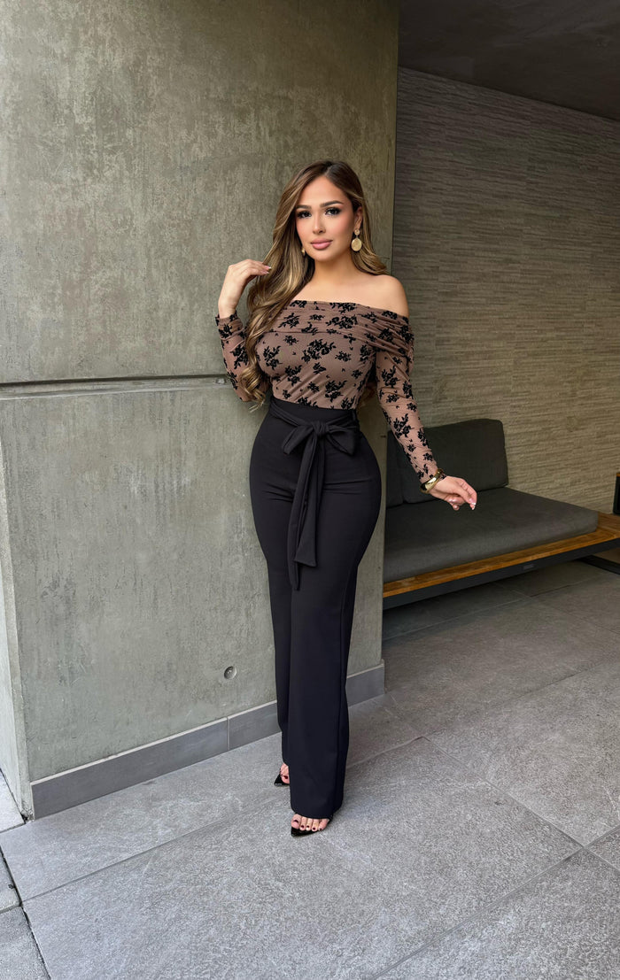 Black Rose Brown Jumpsuit - Slightly Stretchy,Estira Poco