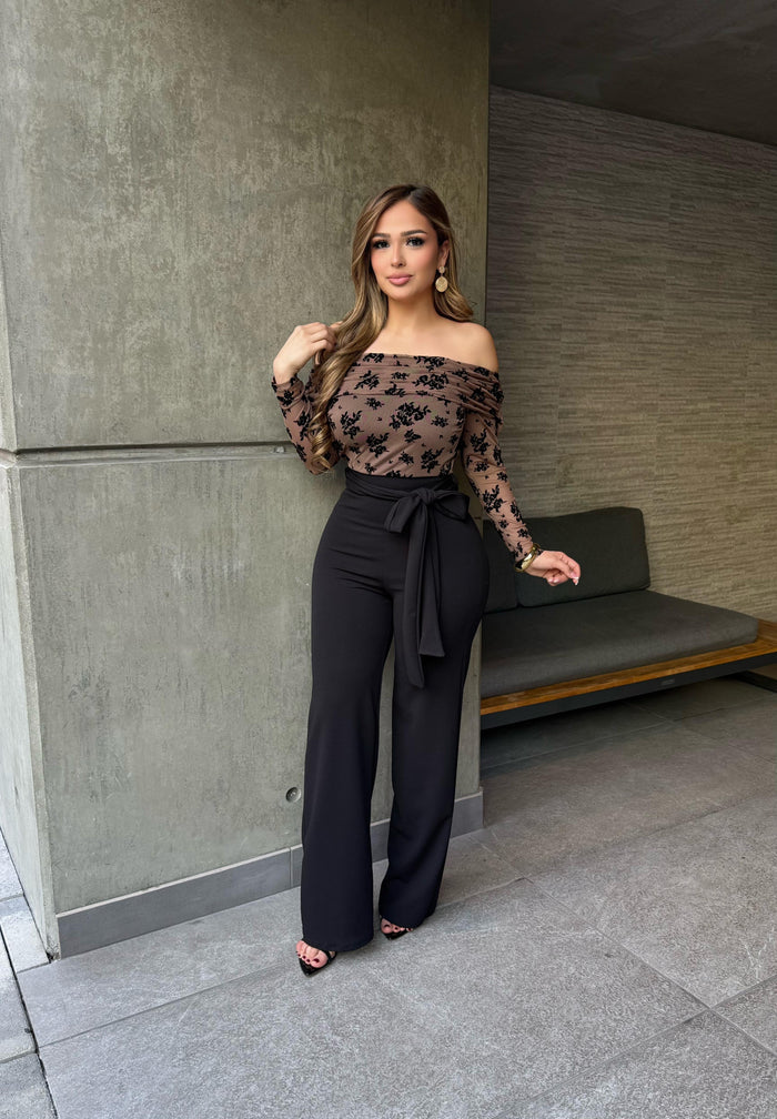 Black Rose Brown Jumpsuit - Slightly Stretchy,Estira Poco