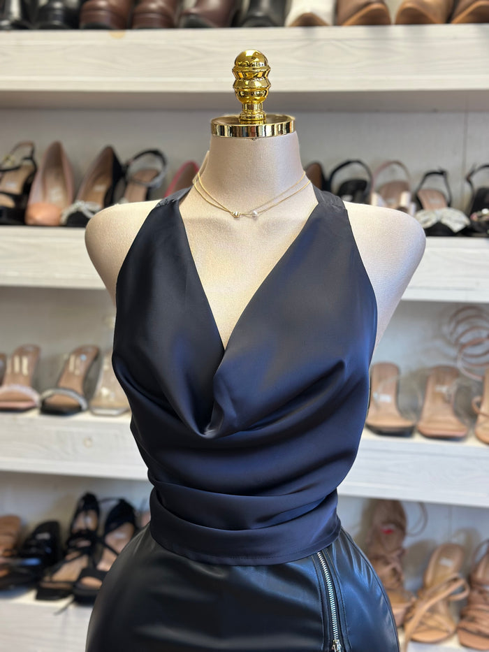 Black Satin Halter Blouse- No Estira, Not Stretchy