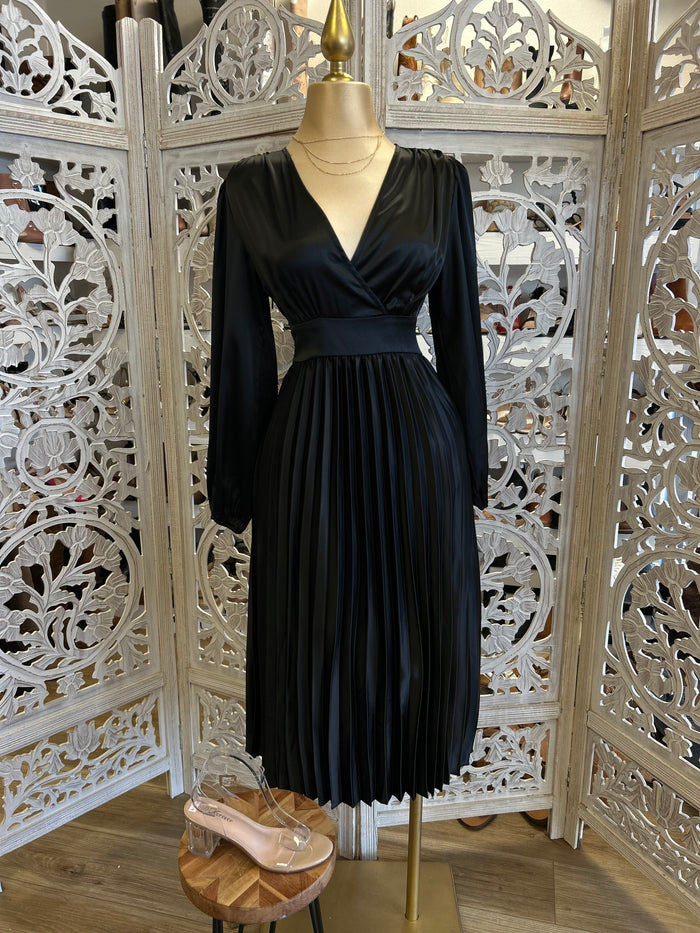 Black Satin Wrapped Pleated Dress- Not Stretchy