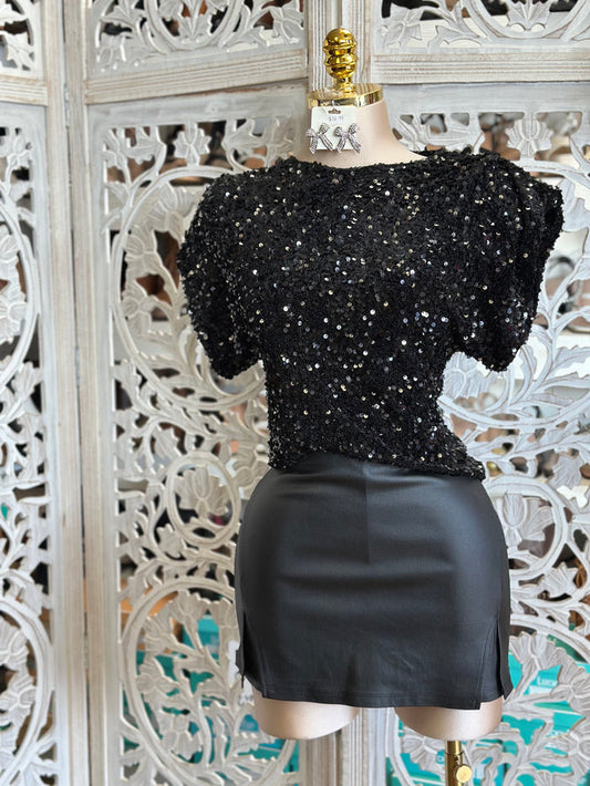Black Sequin Short Sleeve Blouse- Estira, Stretchy
