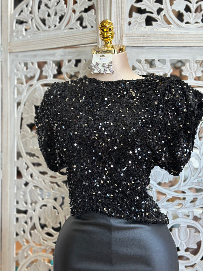 Black Sequin Short Sleeve Blouse- Estira, Stretchy