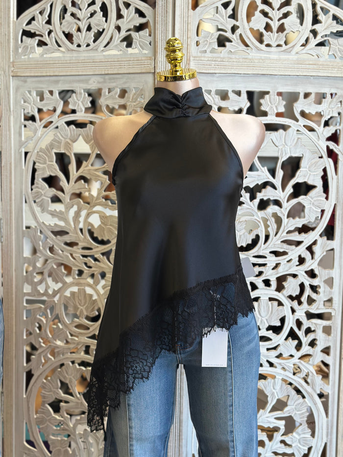 Black Silk High Low Lace Blouse- no Estira,  no Stretchy