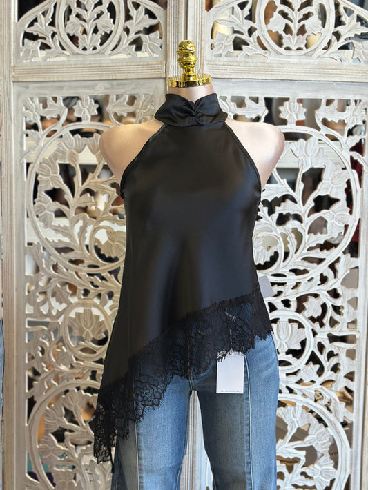 Black Silk High Low Lace Blouse- no Estira,  no Stretchy