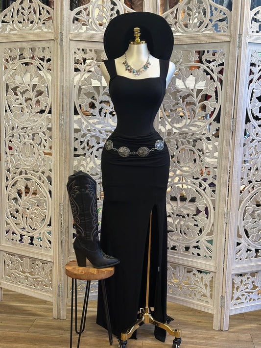 Black Square Neck Slit Dress- Estira, Stretchy