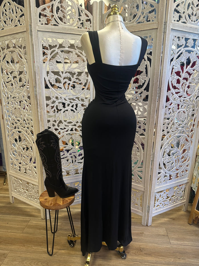 Black Square Neck Slit Dress- Estira, Stretchy