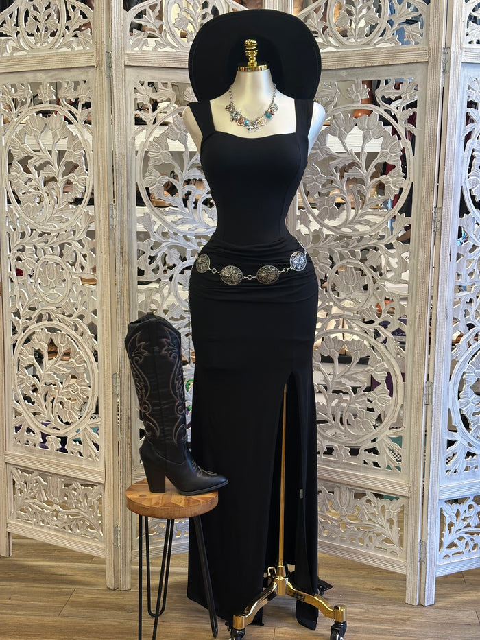 Black Square Neck Slit Dress- Estira, Stretchy