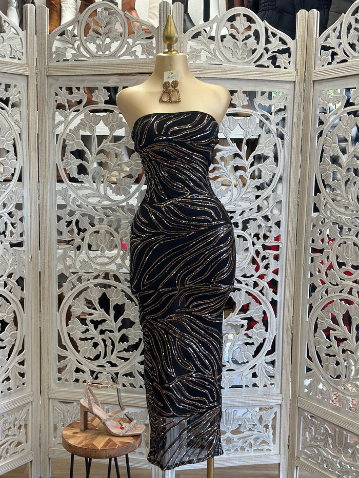 Black Strapless Sequin Pattern Midi Dress