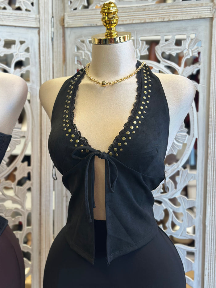 Black Studded Split Top - Estira, Stretchy
