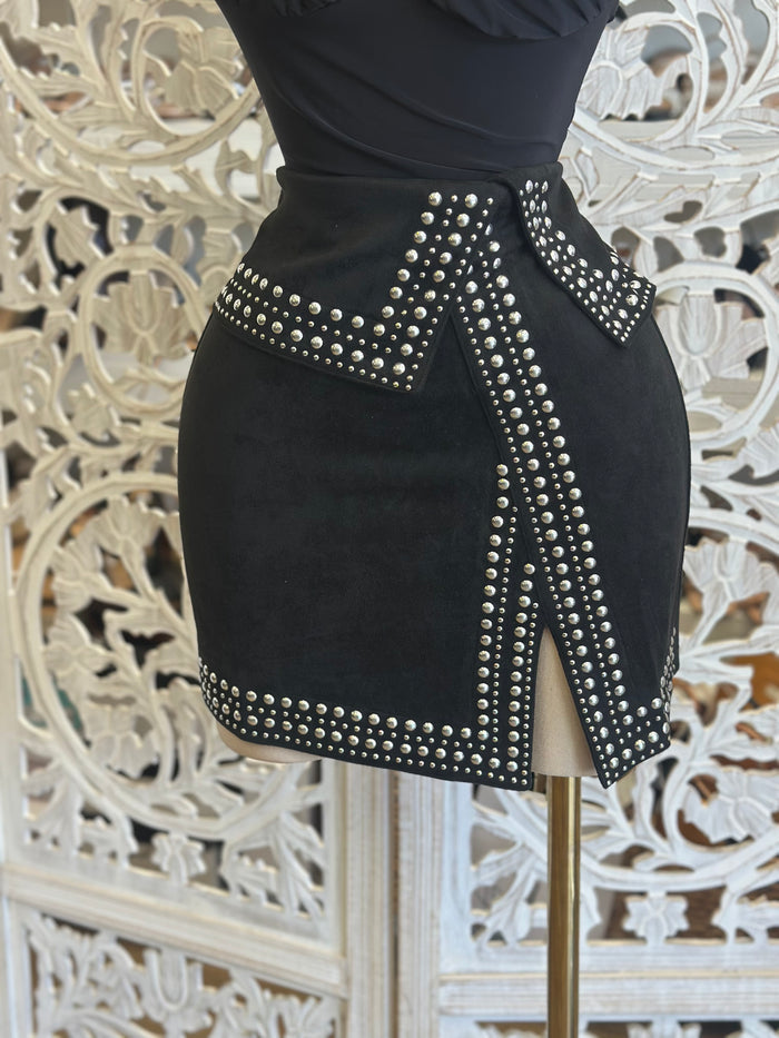 Black Suede Studded Mini Skirt- Stretchy , Estira