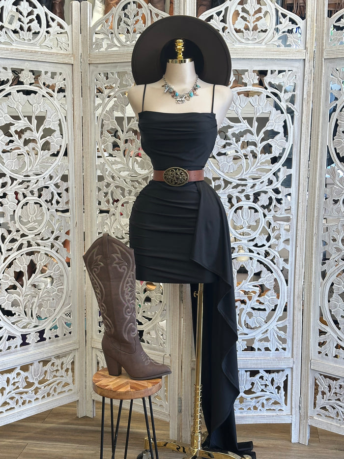 Black Tailed Mini Dress- Stretchy, Estira
