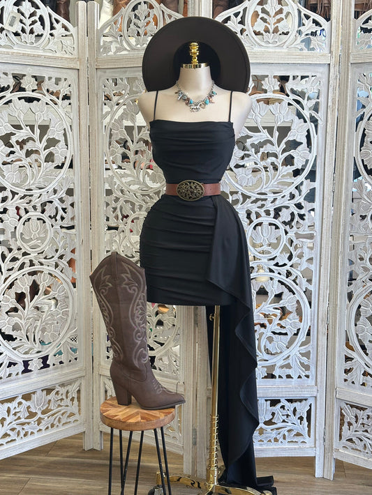 Black Tailed Mini Dress- Stretchy, Estira