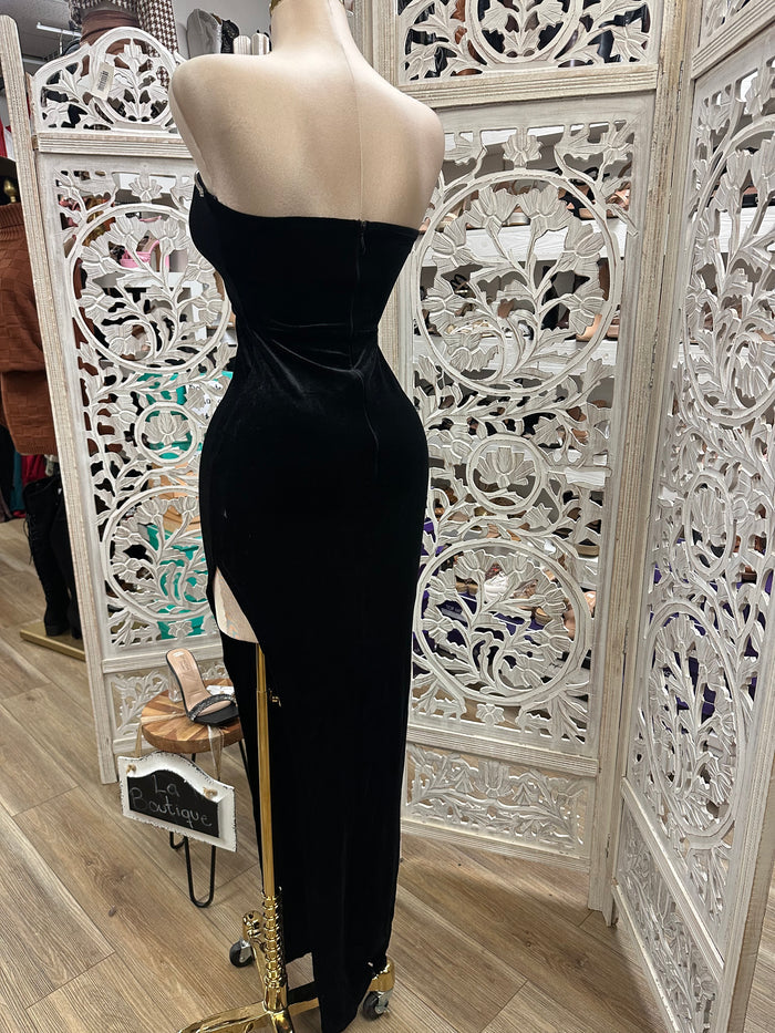 Black Velvet Rhinestone Lined Formal Dress- Stretchy,Estira