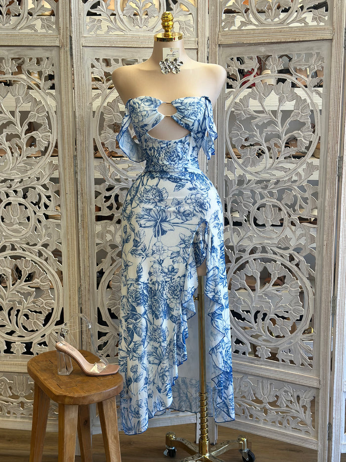 Blue Floral Keyhole Cutout Midi Dress- Stretchy, Estira