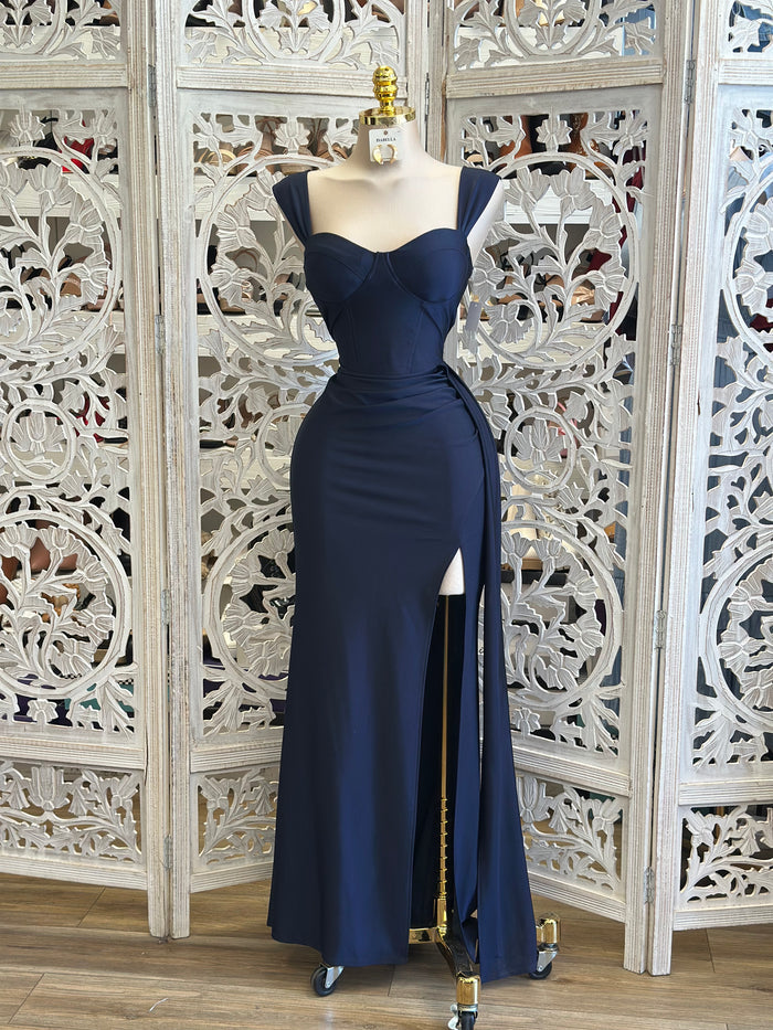 Blue High Slit Formal Dress -Estira, Stretchy