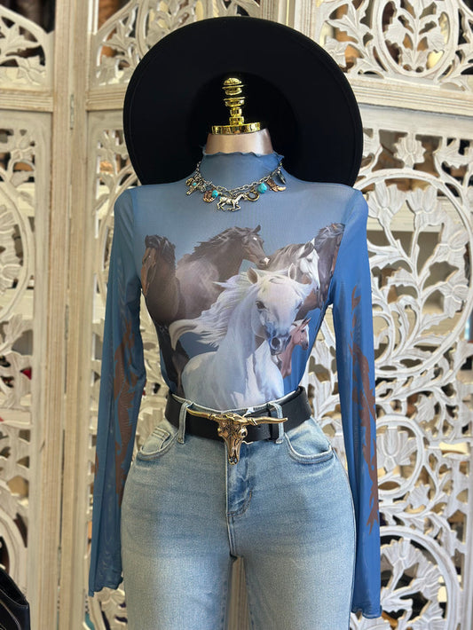 Blue Horse Print Mesh Top