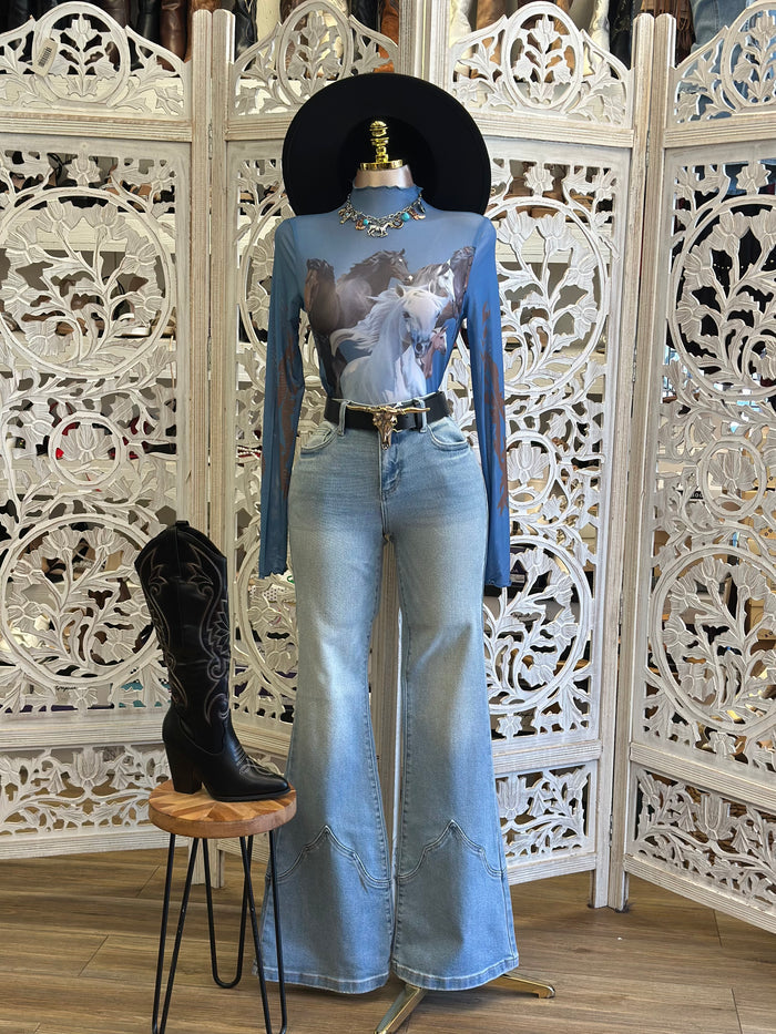 Blue Horse Print Mesh Top