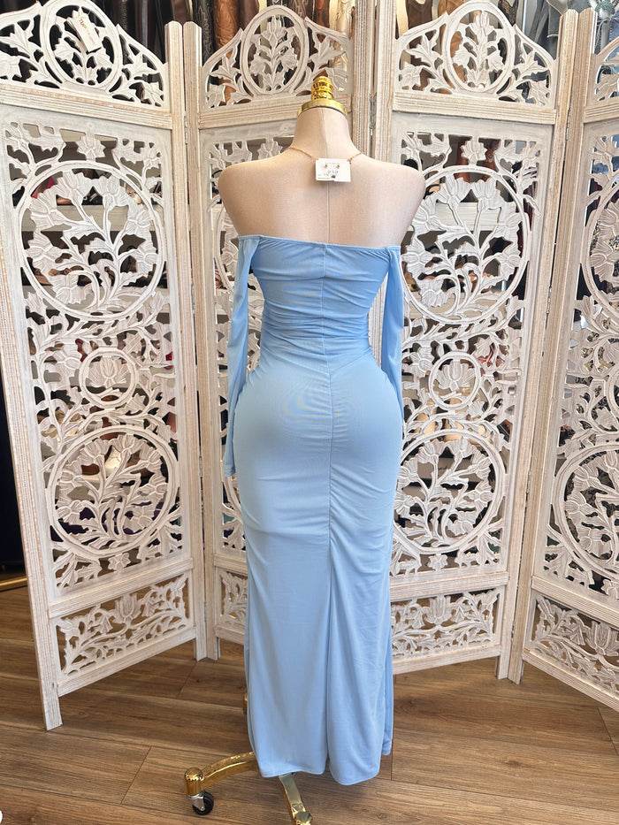 Blue Off Shoulder Knotted Dress - Estira, Stretchy