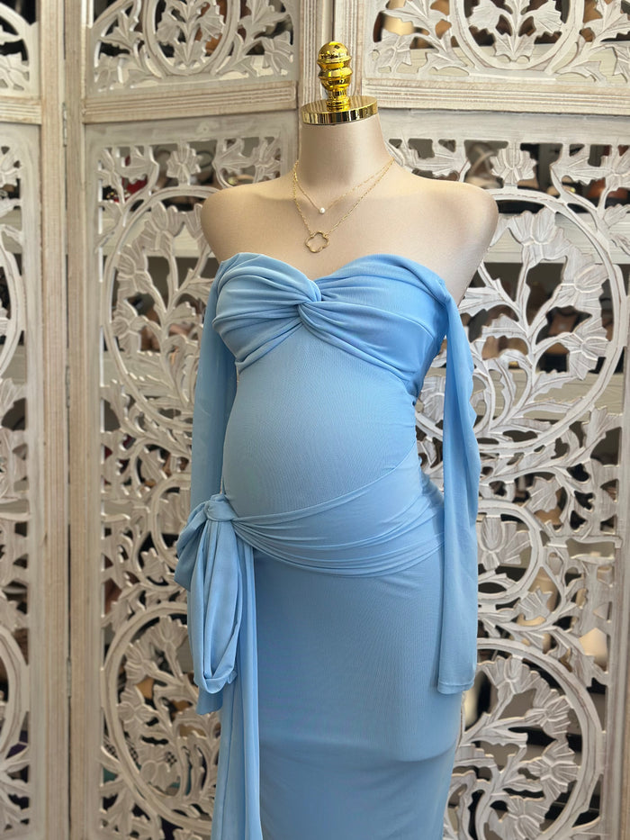 Blue Off Shoulder Knotted Dress - Estira, Stretchy