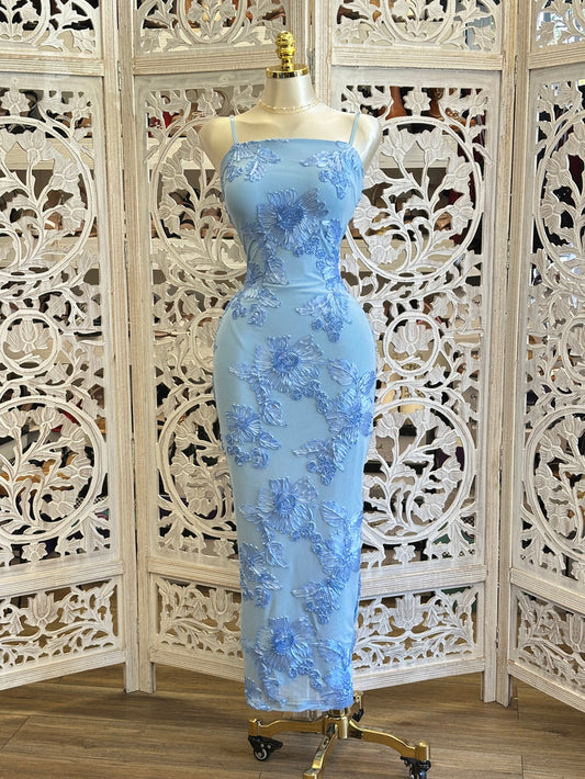 Blue String Floral Dress-Stretchy, Estira