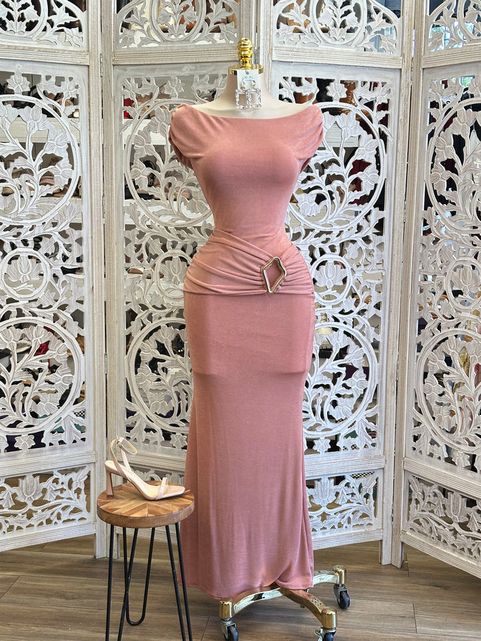 Boat Neck Dusty Rose Midi Dress-Stretchy, Estira
