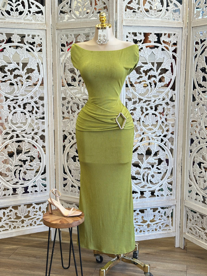 Boat Neck Pistachio Midi Dress-Stretchy, Estira