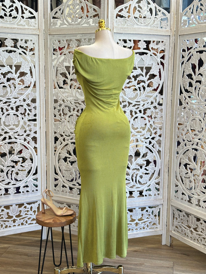Boat Neck Pistachio Midi Dress-Stretchy, Estira