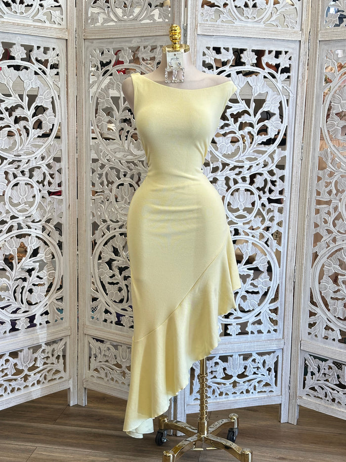 Boat Neck Yellow Pastel Dress-Stretchy, Estira