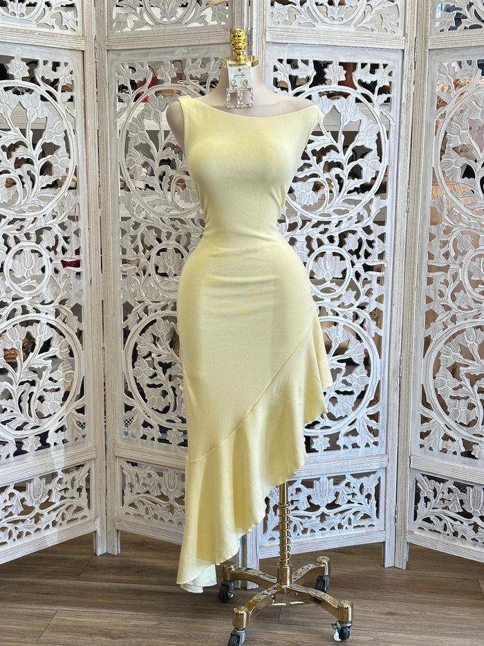 Boat Neck Yellow Pastel Dress-Stretchy, Estira