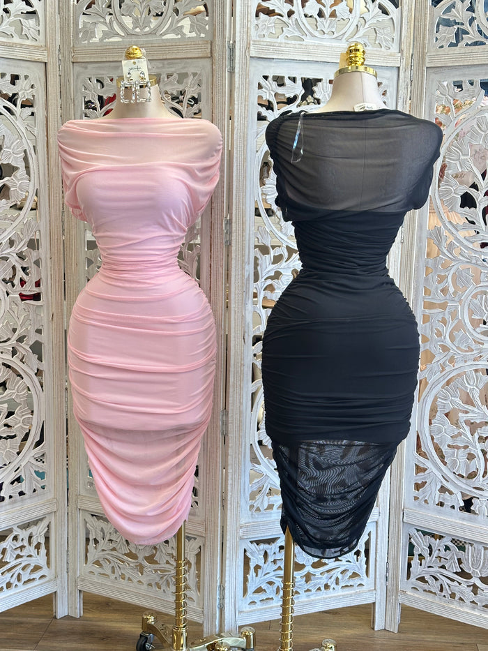 Boatneck Ruched Midi Dress- Estira, Stretchy