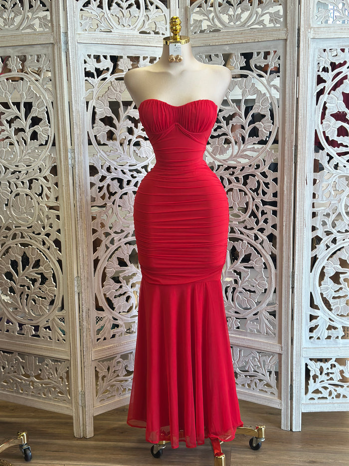 Bold Red Mermaid Strapless Gown -Estira, Stretchy