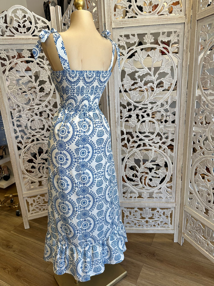 Bow Tie Strap Patterned Maxi Dress- Stretchy
