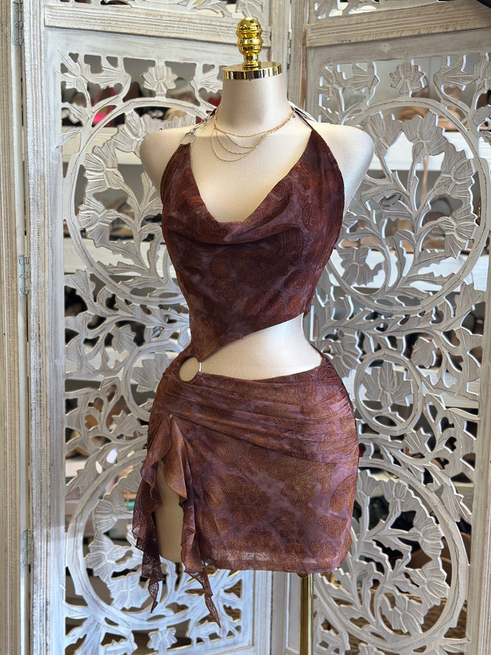 Brass Cutout Draped Mini Dress- Estira, Stretchy