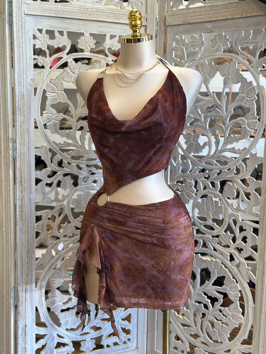 Brass Cutout Draped Mini Dress- Estira, Stretchy