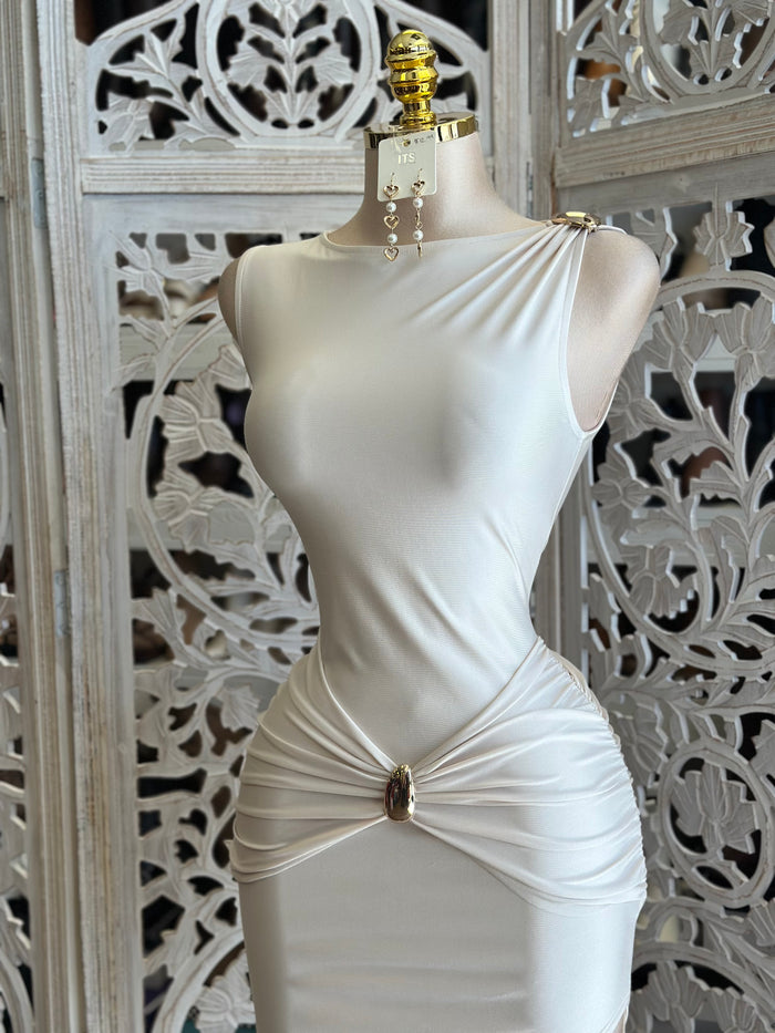 Brass Knotted Mini Dress-Estira, Stretchy