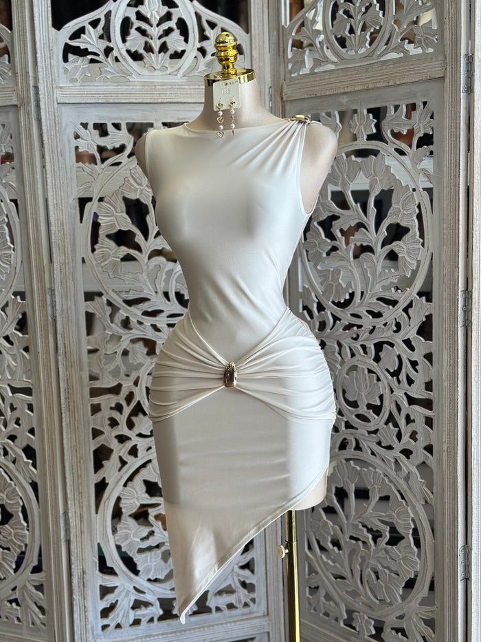 Brass Knotted Mini Dress-Estira, Stretchy