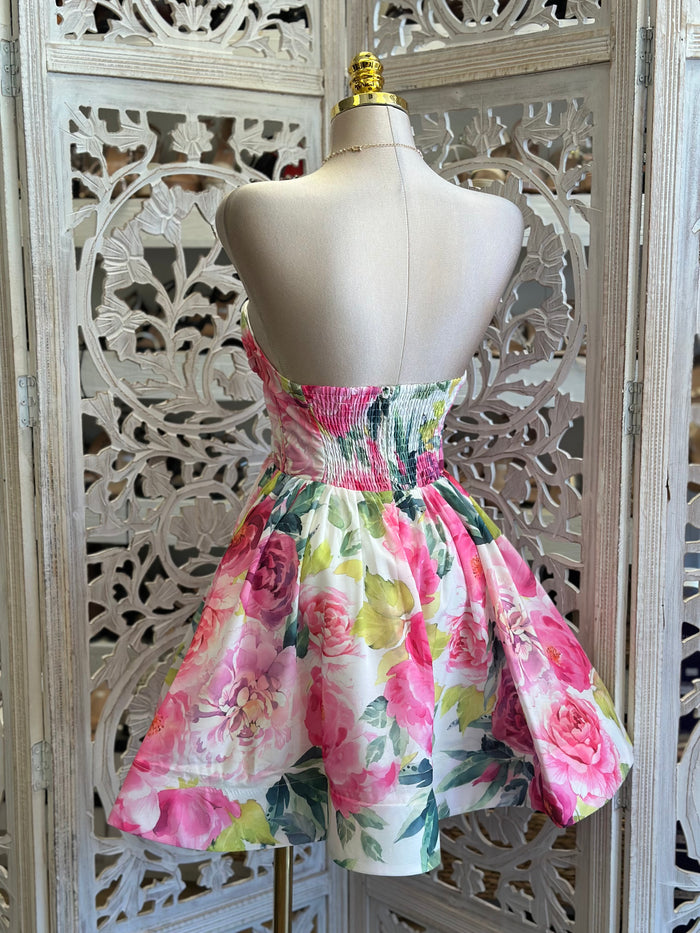 Bright Pink Strapless Floral Mini Dress- Slightly Stretchy , Estira Poco
