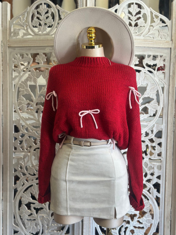 Bright Red Ribbon Detail Knit Sweater