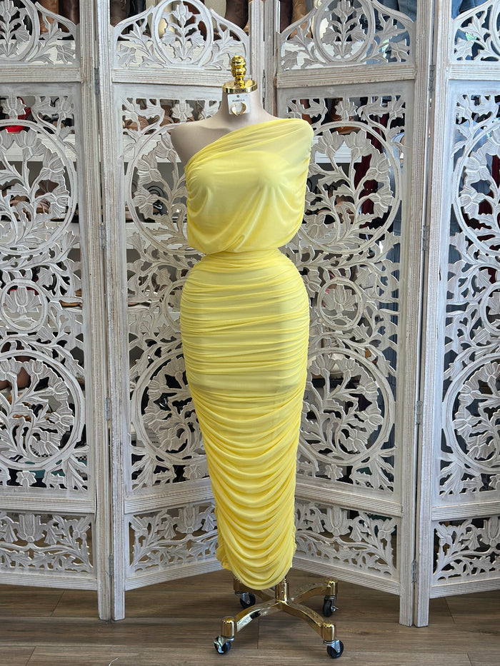 Bright Yellow Ruched Asymmetrical Dress -Estira, Stretchy