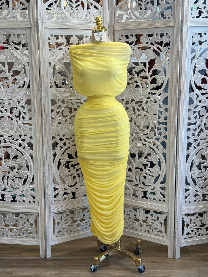 Bright Yellow Ruched Asymmetrical Dress -Estira, Stretchy
