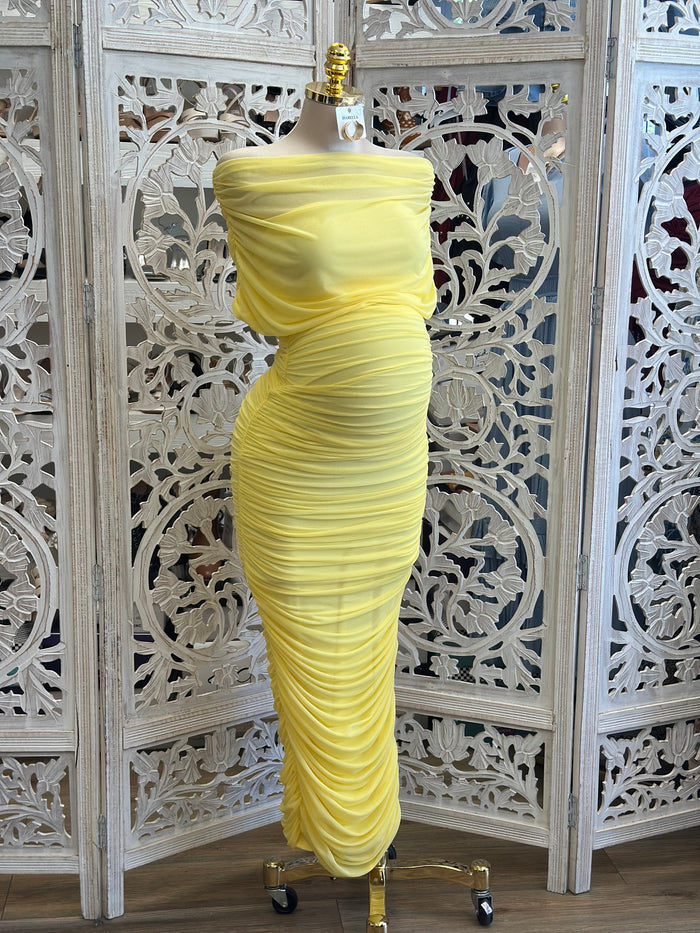Bright Yellow Ruched Asymmetrical Dress -Estira, Stretchy