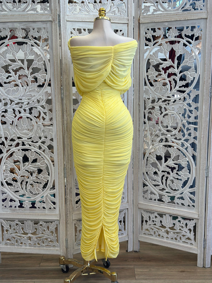 Bright Yellow Ruched Asymmetrical Dress -Estira, Stretchy