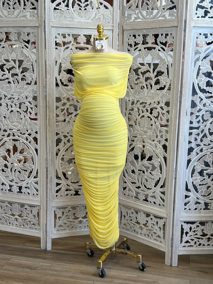 Bright Yellow Ruched Asymmetrical Dress -Estira, Stretchy