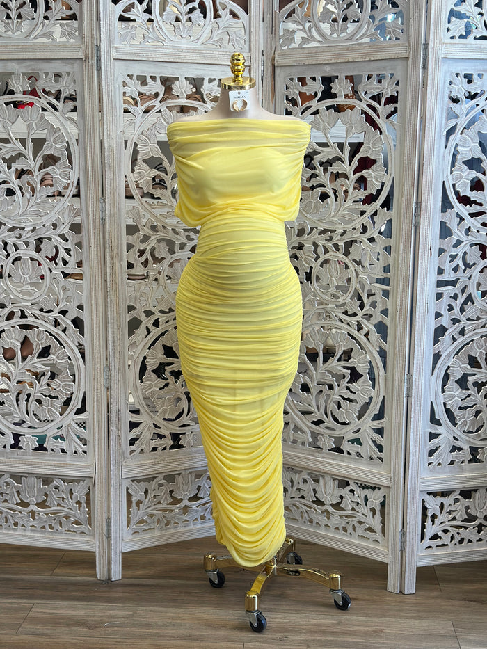 Bright Yellow Ruched Asymmetrical Dress -Estira, Stretchy